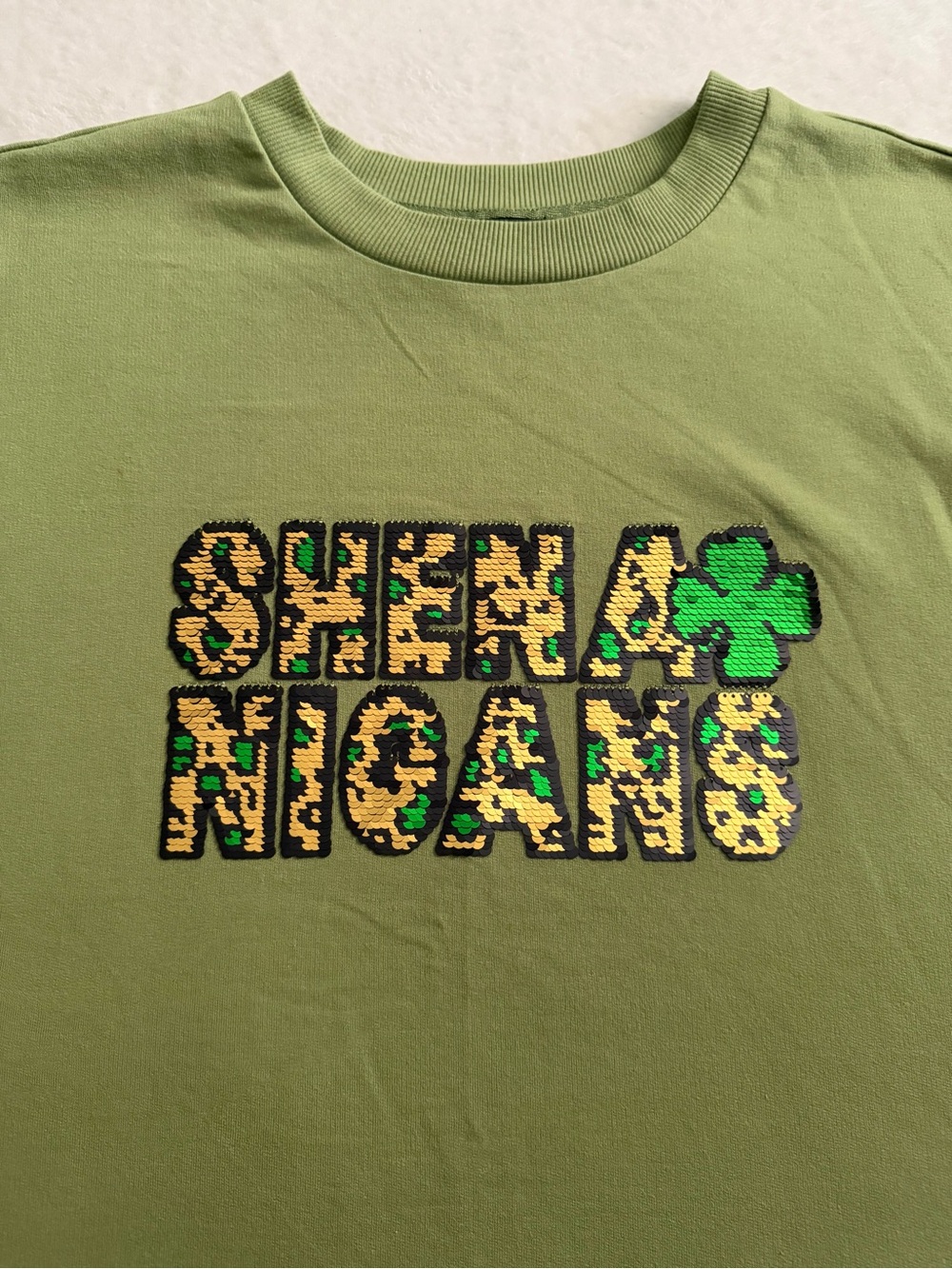 Shenanigans St. Patrick’s Day Olive Green Ribbed Hem Sweatshirt, Size M